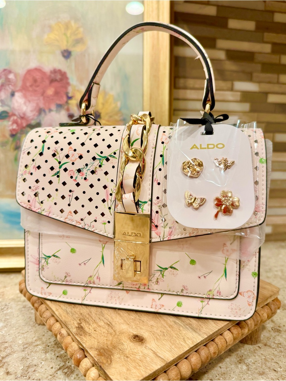 ALDO Floral Blush Pink Floral Mini Handbag Crossbody with Gold Charm Pins NWT